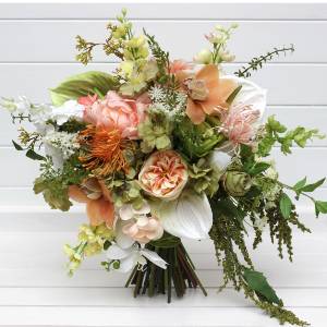 Peach, Yellow, White & Dusty Olive Asymmetrical Wedding Bouguet. 5490
