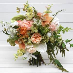 Peach, Yellow, White & Dusty Olive Asymmetrical Wedding Bouguet. 5490