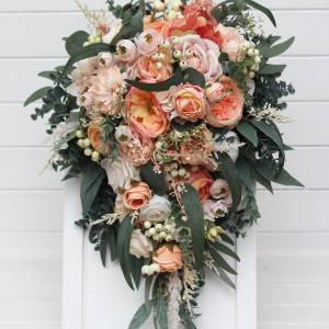 Blush Pink, White, Peach & Sage Green Cascading Bridal and Bridesmaid Bouquets. 5035