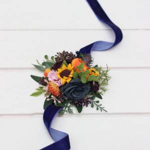 Navy Blue, Orange, Purple & Pink Sunflower Wrist Corsage 5392-2