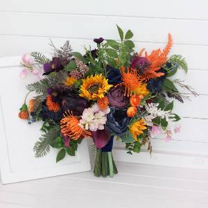 Colorful Sunflower & Calla Lily Wedding Bouquet in Orange, Blue, Purple, Pink & Green 5392-2