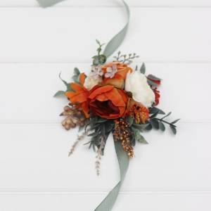 Burnt Orange, Ivory & Sage Green Wrist Corsage for Wedding and Prom 5348 Burnt Orange, Ivory & Sage Green Wrist Corsage for Wedding and Prom 5348