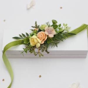 Peach, Yellow & Soft Olive Green Wrist Corsage for Wedding and Prom 5494
