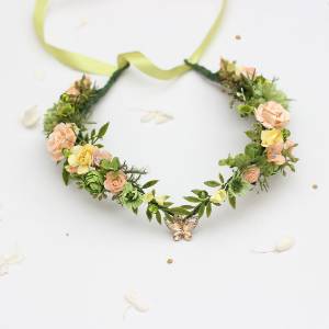 Peach, Yellow & Soft Olive Green V-Shaped Flower Crown 5494