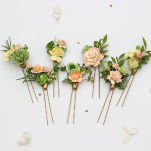 Peach, Yellow & Soft Olive Green Floral Hair Pins -Set of 7. 5494
