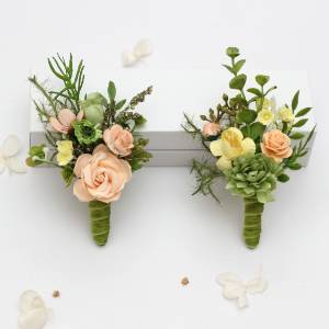 Peach, Yellow & Soft Olive Green Wedding Boutonnieres 5494
