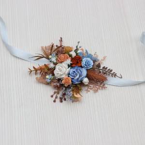 Terracotta, Dusty Blue & White Wrist Corsage 5355
