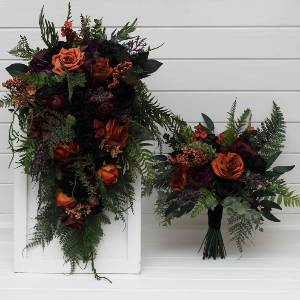 Purple, Orange, Black & Forest Green Woodland Wedding Bouquets 5495