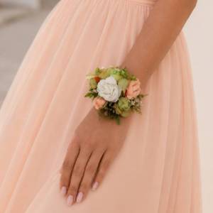 Peach, Yellow, White & Dusty Olive Wrist Corsage 5490
