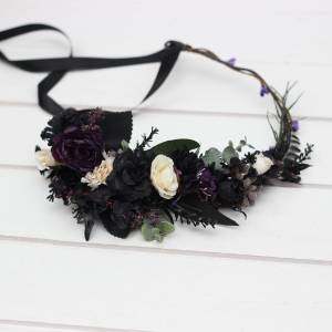 Deep Purple, Black, Ivory & Green Gothic Floral Crown 5289