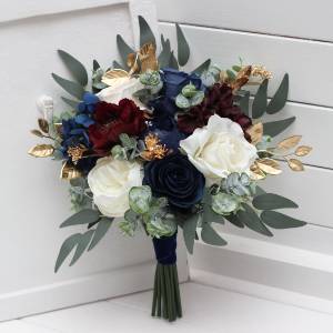 Navy Blue, Ivory, Burgundy & Gold Bridesmaid Bouquet 5496