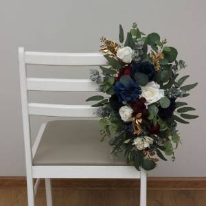 Navy Blue, Ivory, Burgundy & Gold Wedding Chair Flowers 5496