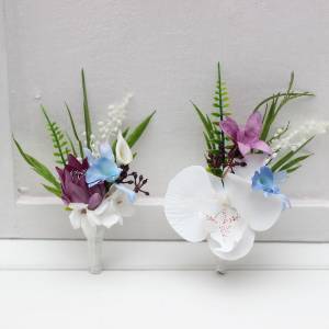 White, Blue & Magenta Exotic Wedding Boutonnieres. 5274 White, Blue & Magenta Exotic Wedding Boutonnieres. 5274