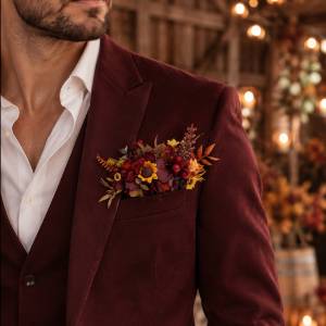 Burgundy, Orange & Purple Sunflower Pocket Boutonniere. 5385 Burgundy, Orange & Purple Sunflower Pocket Boutonniere. 5385