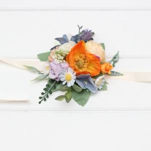 Peach, Dusty Blue, Ivory & Orange Floral Wrist Corsage 5364