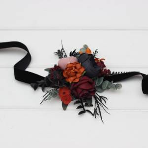 Burgundy, Rust, Black & Dusty Rose Floral Wrist Corsage 5441 Burgundy, Rust, Black & Dusty Rose Floral Wrist Corsage 5441