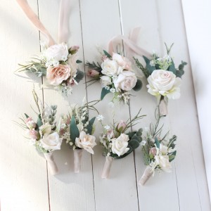  Wedding boutonnieres and wrist corsage  in beige white blush pink color theme. Flower accessories. 0028