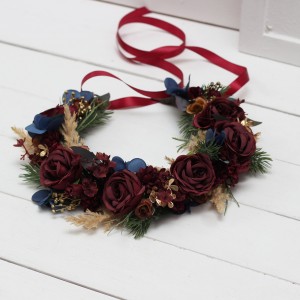 Burgundy navy blue gold flower crown. Hair wreath. Flower girl crown. Wedding flowers. 0031