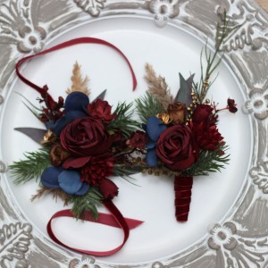  Wedding boutonnieres and wrist corsage  in burgundy navy blue gold color theme. Flower accessories. 0031