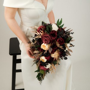 Wedding bouquets in burgundy black gold ivory  colors. Bridal bouquet. Cascading bouquet. Faux bouquet. Bridesmaid bouquet. Gothic black wedding bouquet.0032