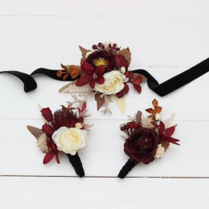  Wedding boutonnieres and wrist corsage  in burgundy brown cream color theme. Flower accessories. 0041