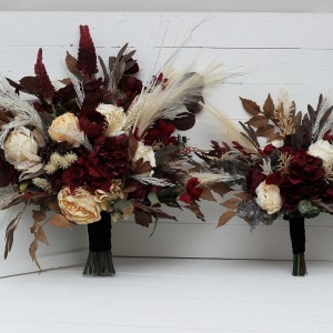 Wedding bouquets in burgundy brown cream colors. Bridal bouquet. Cascading bouquet. Faux bouquet. Bridesmaid bouquet. 0041