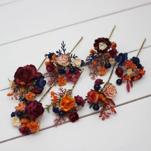  Set of 7 hair pins in orange burgundy navy blue color scheme. Hair accessories. Flower accessories for wedding.  0045