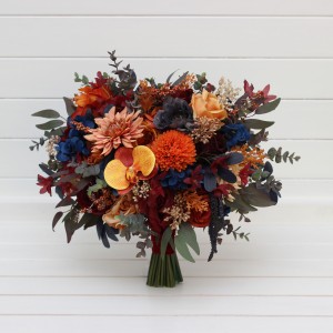Wedding bouquets in rust orange burgundy navy blue colors. Bridal bouquet. Cascading bouquet. Faux bouquet. Bridesmaid bouquet. 0043