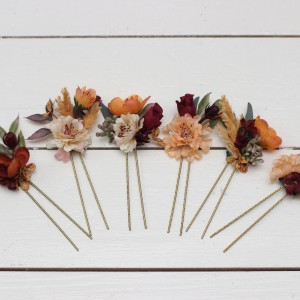  Set of 6 hair pins in rust burgundy cinnamon color scheme. Hair accessories. Flower accessories for wedding.  0044