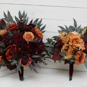 Wedding bouquets in rust burgundy cinnamon colors. Bridal bouquet. Cascading bouquet. Faux bouquet. Bridesmaid bouquet. 0044