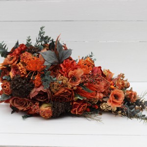 Wedding bouquets in rust terracotta burnt orange  colors. Bridal bouquet.  Faux bouquet. Cascading bouquet. Bridesmaid bouquet. Banksia bouquet. 0505