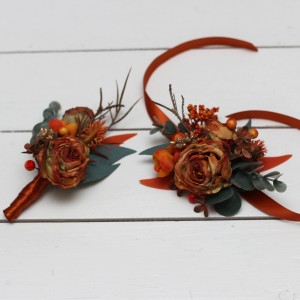  Wedding boutonnieres and wrist corsage  rust terracotta burnt orange color theme. Flower accessories. 0505