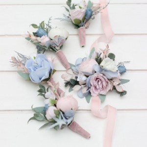 Wedding boutonnieres  in dusty blue blush pink white color scheme. Flower accessories. 0509-1