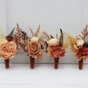  Wedding boutonnieres and wrist corsage  in cinnamon terracotta ivory color scheme. Flower accessories. 0510