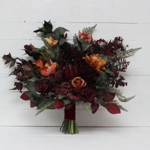 Protea calla lilies bouquet. Deep burgundy rust bridal bouquet. Hunter green bouquet. Wedding flowers. Silk flowers. Boho wedding.  5011