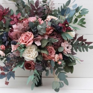 Wedding bouquets in navy blue dusty rose mauve colors. Bridal bouquet. Cascading bouquet. Faux bouquet. Bridesmaid bouquet. 5012