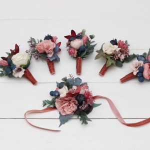  Wedding boutonnieres and wrist corsage  in navy blue dusty rose mauve color scheme. Flower accessories. 5012