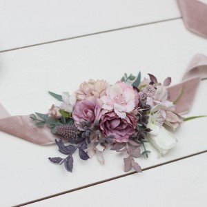 Mauve pink white flower belt for wedding. Floral sash. Bridal velvet belt. Flower girl belt. 5076