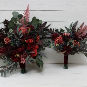 Wedding bouquets in deep burgundy red blue colors. Bridal bouquet. Faux bouquet. Bridesmaid bouquet. 5077