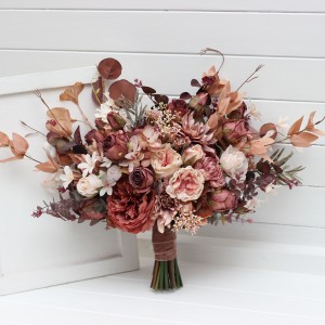 Wedding bouquets in beige, terracotta, blush pink and dusty rose colors. Bridal faux bouquet. Bridesmaid bouquet. 5255