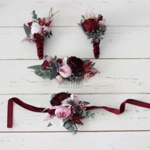  Wedding boutonnieres and wrist corsage  in burgundy dusty pink color scheme. Flower accessories. 5019