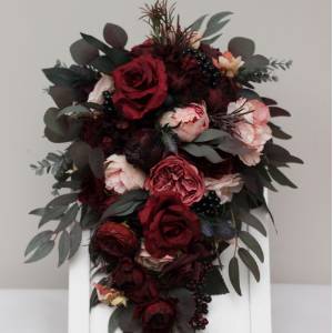 Wedding bouquets in burgundy black pink colors. Bridal bouquet. Cascading bouquet. Faux bouquet. Bridesmaid bouquet. 5020