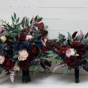 Wedding bouquets in burgundy navy blue blush pink colors. Bridal bouquet. Cascading bouquet. Faux bouquet. Bridesmaid bouquet. 5022-1