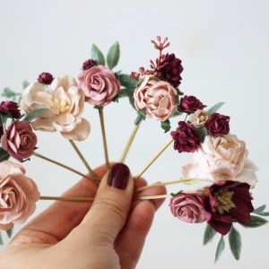  Set of hair pins in blush pink burgundy  color scheme. Hair accessories. Flower accessories for wedding.  5028-anna