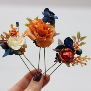  Set of 3 hair pins in navy blue ivory burnt orange  color scheme. Hair accessories. Flower accessories for wedding.  5029