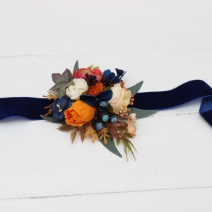  Wedding boutonnieres and wrist corsage  in navy blue ivory burnt orange color scheme. Flower accessories. 5029
