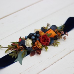 Navy blue ivory burnt orange flower belt for fall wedding Floral sash Bridal belt Flower girl belt. 5029