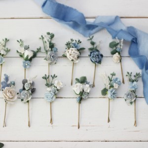  Set of hair pins in dusty blue white color scheme. Hair accessories. Flower accessories for wedding.  5031-0508