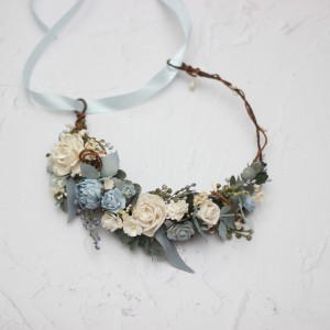Dusty blue white  flower crown. Hair wreath. Flower girl crown. Wedding flowers. 5031-0508