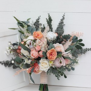 Wedding bouquets in blush pink white peach sage green colors. Bridal bouquet. 5035